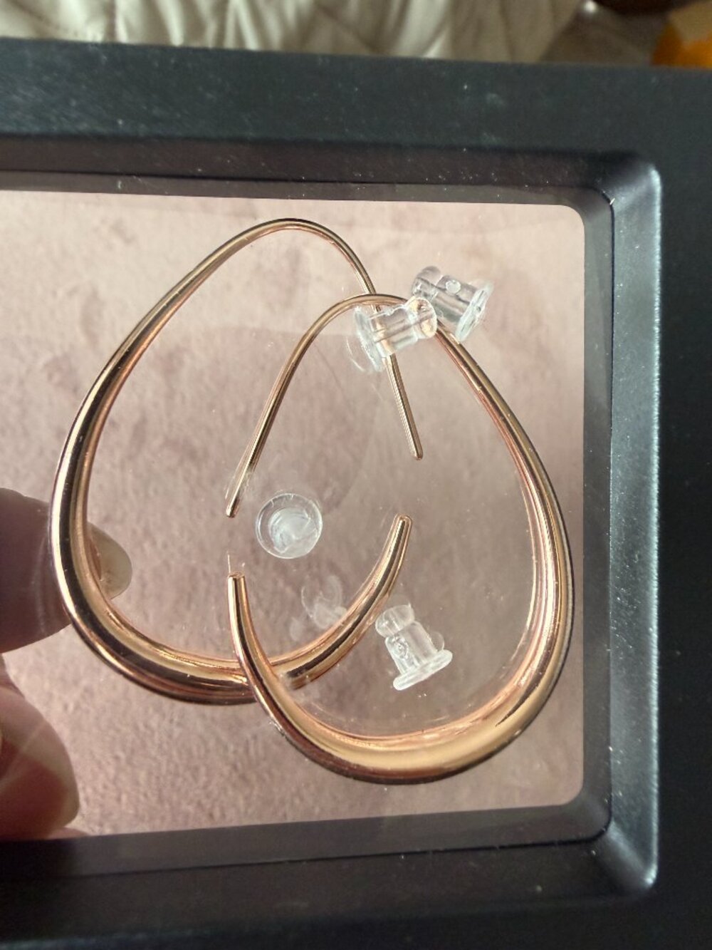 Rose Gold Oval Pull Through Hoop Earrings - Picture 6 of 6